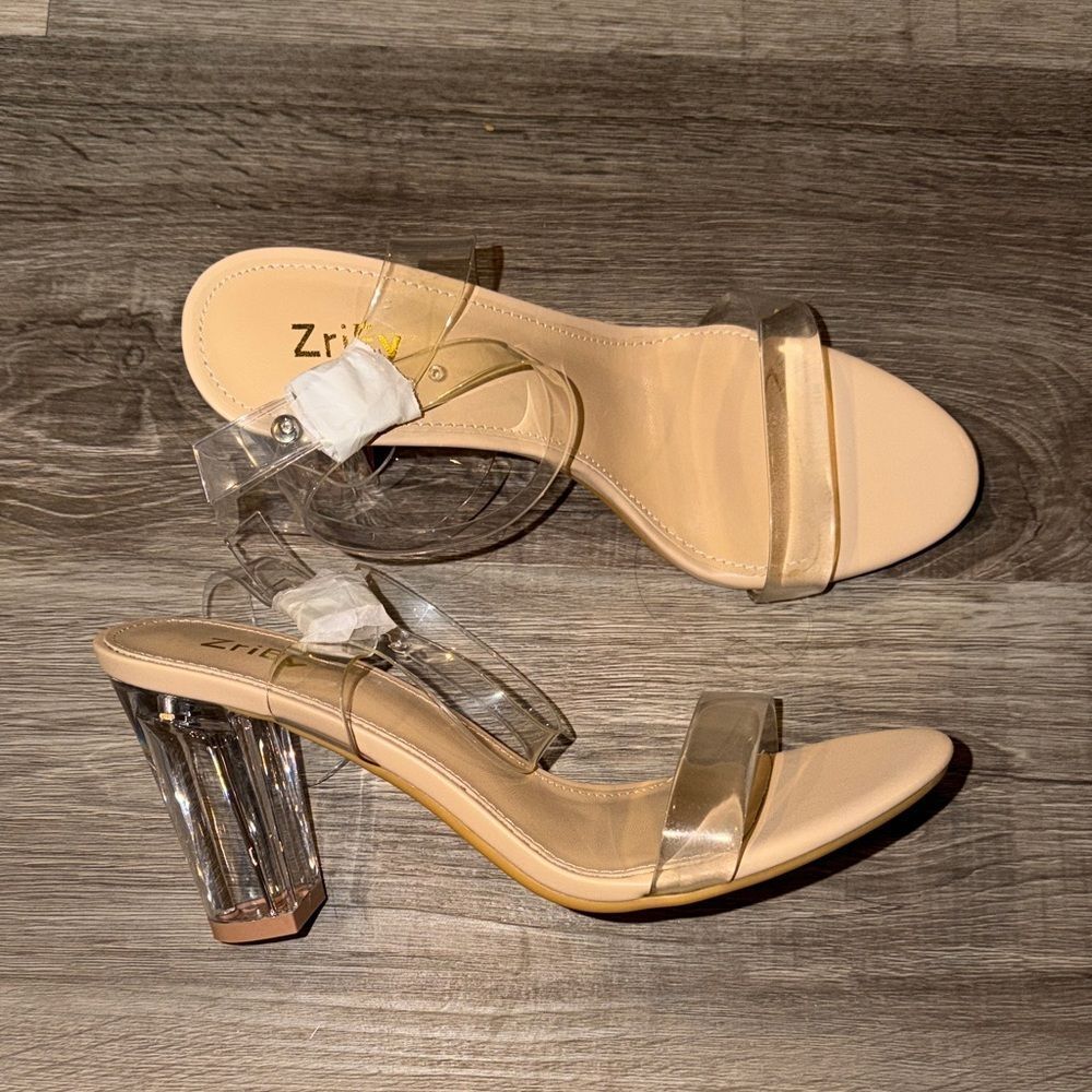 Clear-Strap Nude Block Heel Sandals by